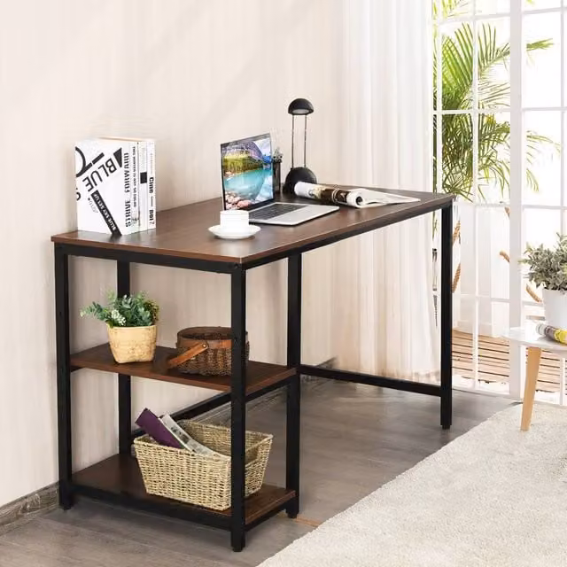 Costway Industrial Computer Desk with Storage Shelves in Brown, W: 120 cm, D: 60 cm – 1
