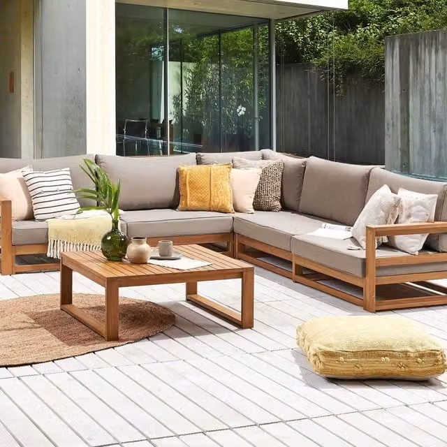 Wyld and Coco 5 Seater Modular L-Shape Corner Sofa Set and Coffee Table in Light Brown Acacia Wood