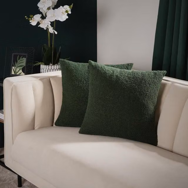 Highams Range Pack of 2 Square Boucle Cushion Covers in Green