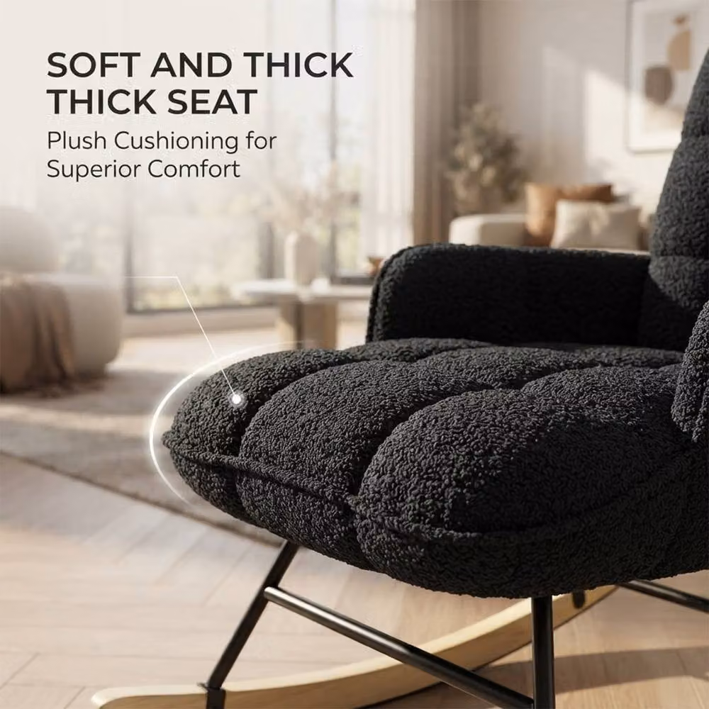 Alivio Black Teddy Bouclé Rocking Armchair with High Backrest and Armrests for Nursery, Bedroom or Balcony, H 95 x W 52 x D 68 cm – 5
