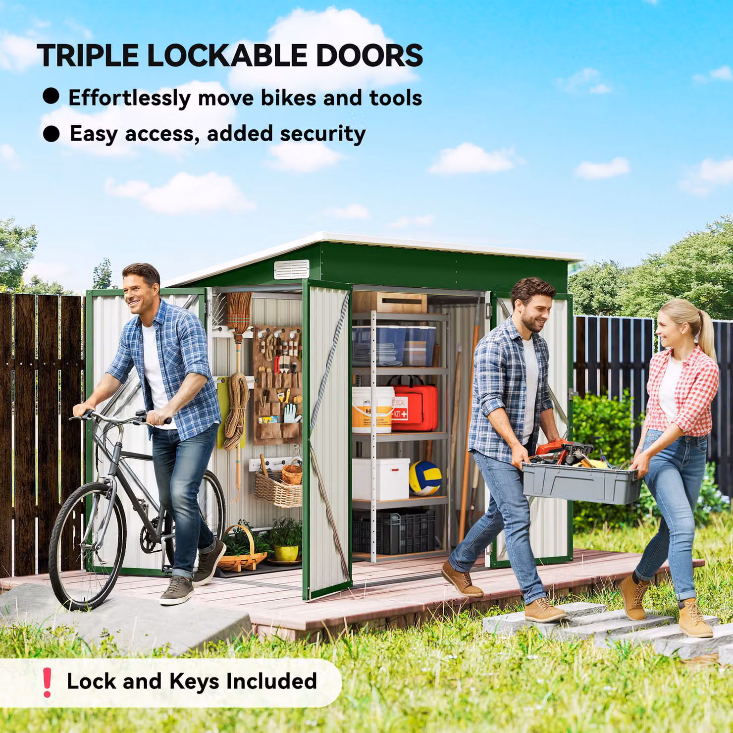 Outsunny Green Metal Garden Storage Shed with Lockable Double Doors and Side Vents, W/D/H: 228.6 x 131.07 x 185.0 cm – 4