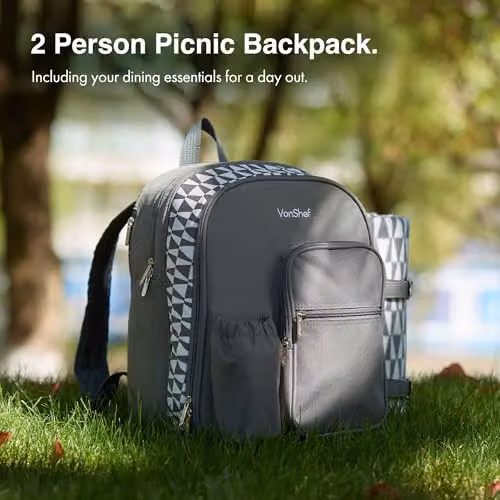 VonShef Grey 2 Person Picnic Backpack with Full Dining Set, Insulated Cooler Compartment and Waterproof Picnic Blanket – 3