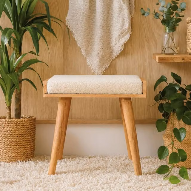 Wyld Haus Kampong Boucle Cream Tray Top Footstool with Mango Wood Frame – 1