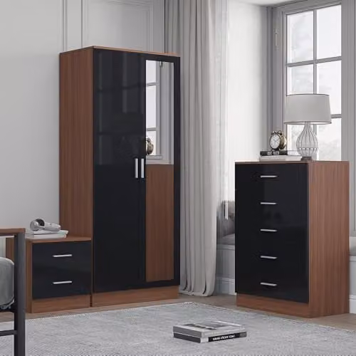 Reflect Modern Bedroom Furniture Set in Black Gloss and Walnut Finish, including 2 Door Mirror Wardrobe, 5 Drawer Tallboy Chest and 2 Drawer Bedside Table – 1