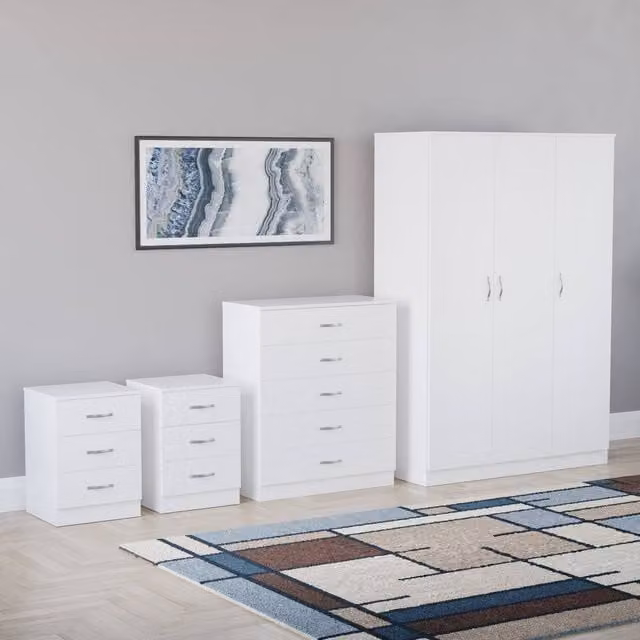 HD Designs 4 Piece Modern White Bedroom Set Including 2x3 Drawer Bedside Tables, 5 Drawer Chest and 3 Drawer Wardrobe – 1
