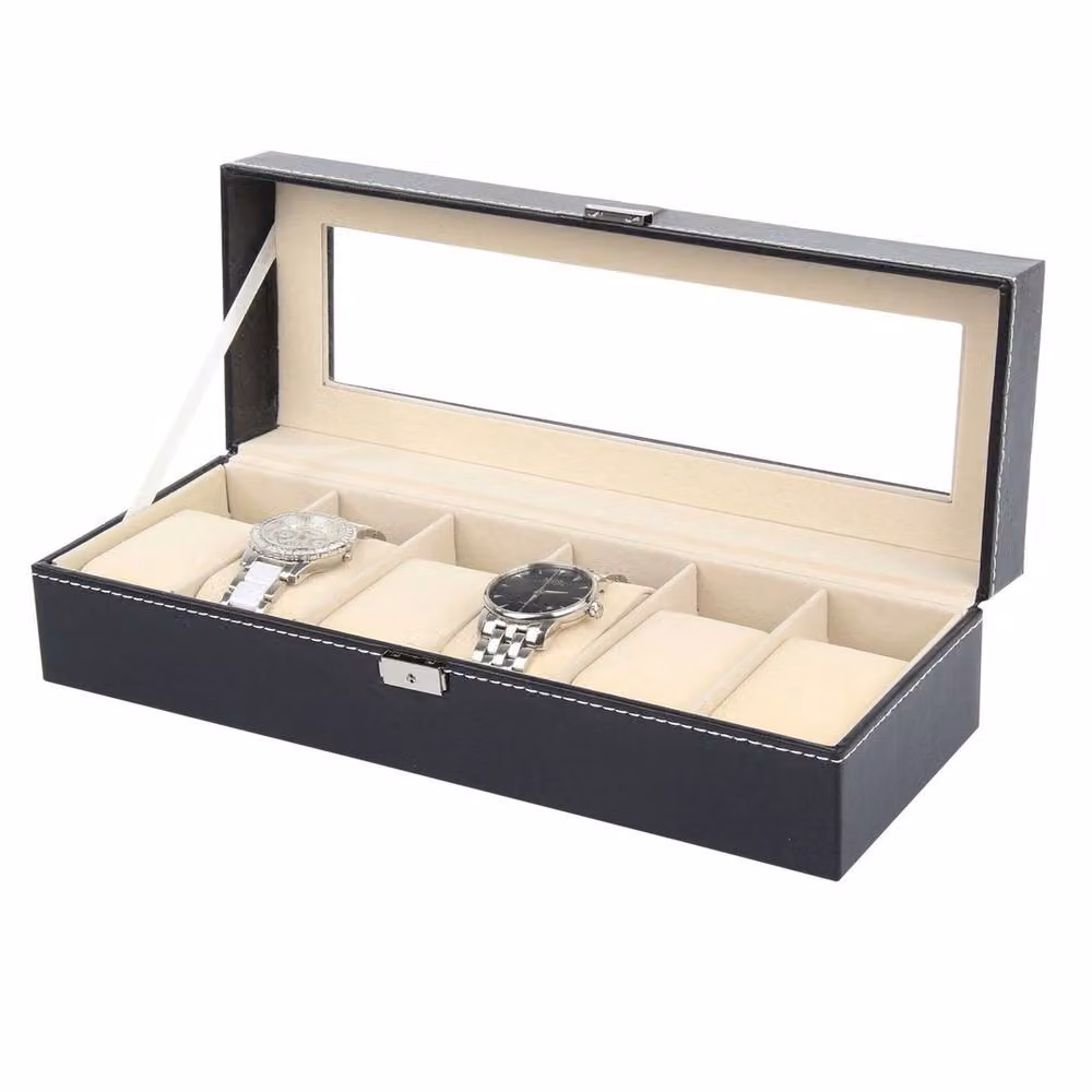 Kelvenix Black Leather 6 Compartment Watch and Jewellery Storage Box – 3