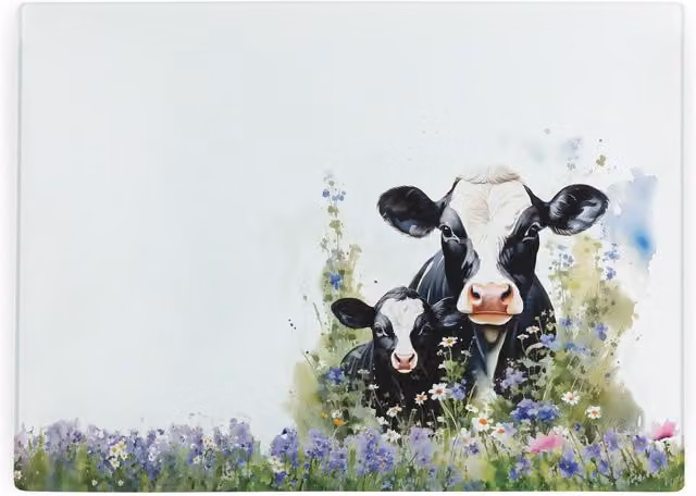 Purely Home Friesian Cow and Calf Large Smooth Glass Rectangular Worktop Saver and Chopping Board in Black, White and Multicolour