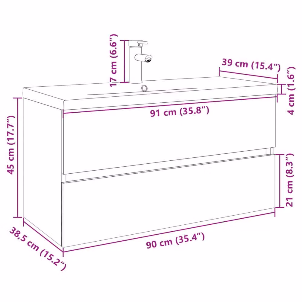 Berkfield Home 2 Piece Modern Wall Mounted Bathroom Vanity Unit Set in Beige and White, Ceramic and Wood, H: 90.0 cm x W: 45.0 cm x D: 38.5 cm – 2