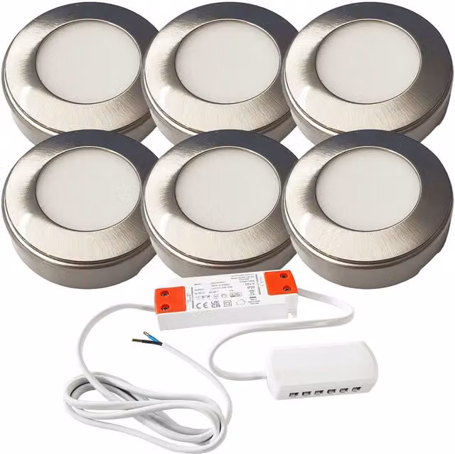 Loops 6x Brushed Nickel Round Under Cabinet Kitchen LED Light and Driver Kit in Silver – 1