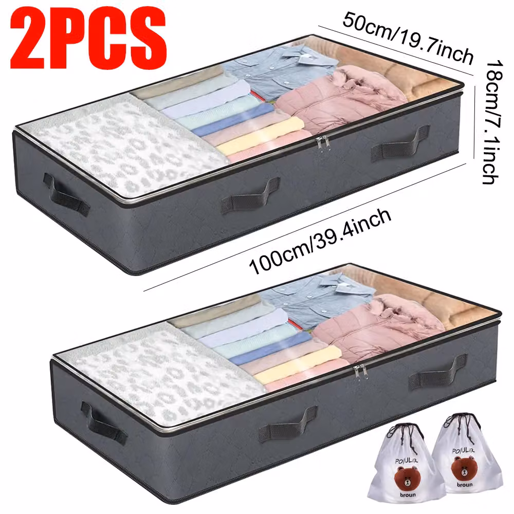 VOGREX 2x90L Underbed Fabric Clothes Storage Bags with Zips and Handles in Grey – 2