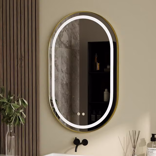 Livingandhome Minimalist Oval Wall Mounted LED Dimmable Bathroom Mirror in Silver