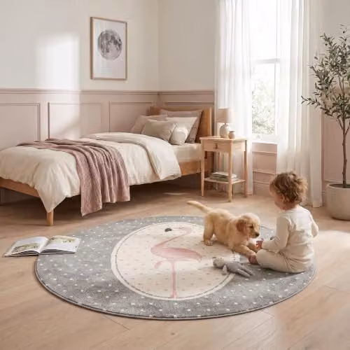 Bravich Pink and Grey Flamingo Kids Round Rug, Diameter: 120 cm – 3