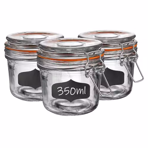 Argon Tableware Set of 6 Transparent Glass Storage Jars with Airtight Stainless Steel Clip Lids and Silicone Seals, 350ml