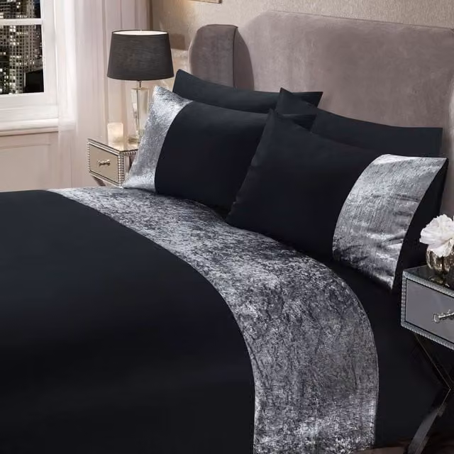 Sienna Home Collection Black Crushed Velvet Duvet Cover and Pillowcase Set, W: 200 cm x D: 200 cm