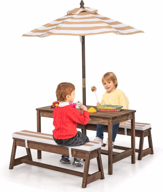Costway Kids Treated Hardwood Table and Bench Set in Brown