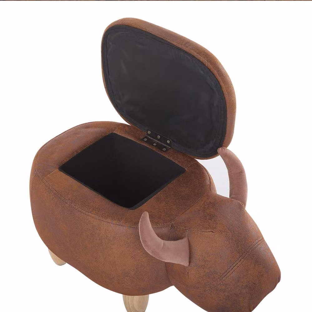 Wyld and Coco Cow Stool with Storage in Brown Faux Leather and Rubberwood Legs – 5