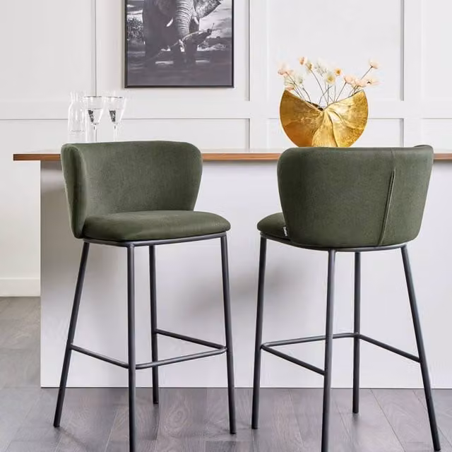 Wyld and Coco Modern Dark Green Bar Chairs Set of 2 with Curved Back and Polyester Fabric – 1