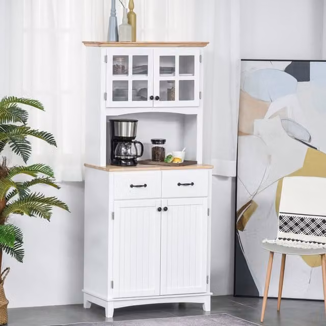 HOMCOM Modern Freestanding Kitchen Cupboard with Glass Doors and 2 Drawers in White