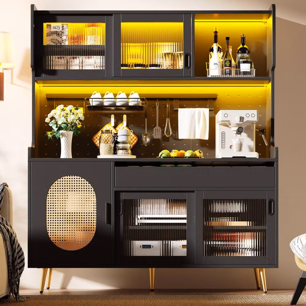 Rolipo Country Style 5-Door Kitchen Buffet Sideboard with Integrated LED Light in Black – 3