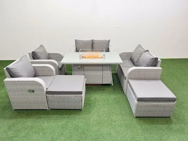 Fimous 8 Seater Rattan Garden Furniture Set with Reclining Love Sofa, Firepit Dining Table and 2 Footstools in Light Grey