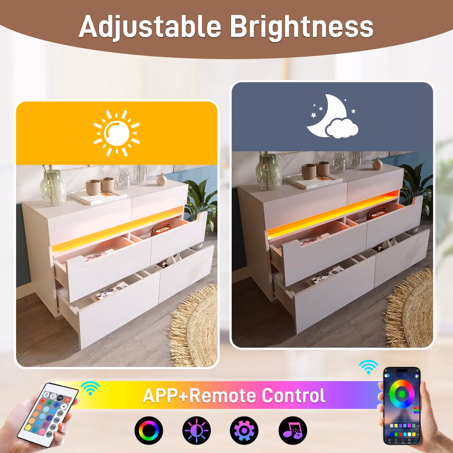 Matteo Modern Sideboard Cabinet with 6 Drawers and Integrated RGB LED Lighting, White and Silver, W/D/H: 120 x 40 x 71 cm – 4