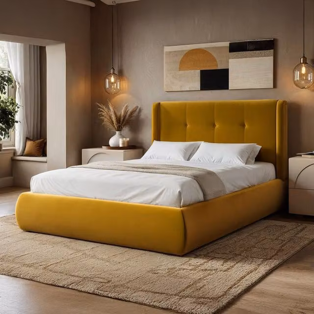 Solace+Co Modern Gold Velvet Upholstered Ottoman Bed with Lift Up Base, W: 140 cm, L: 200 cm