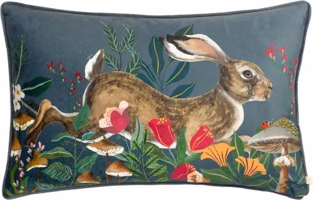 Make It A Home Wild Gardens Leaping Hare Velvet Piped Cushion in Blue and Grey