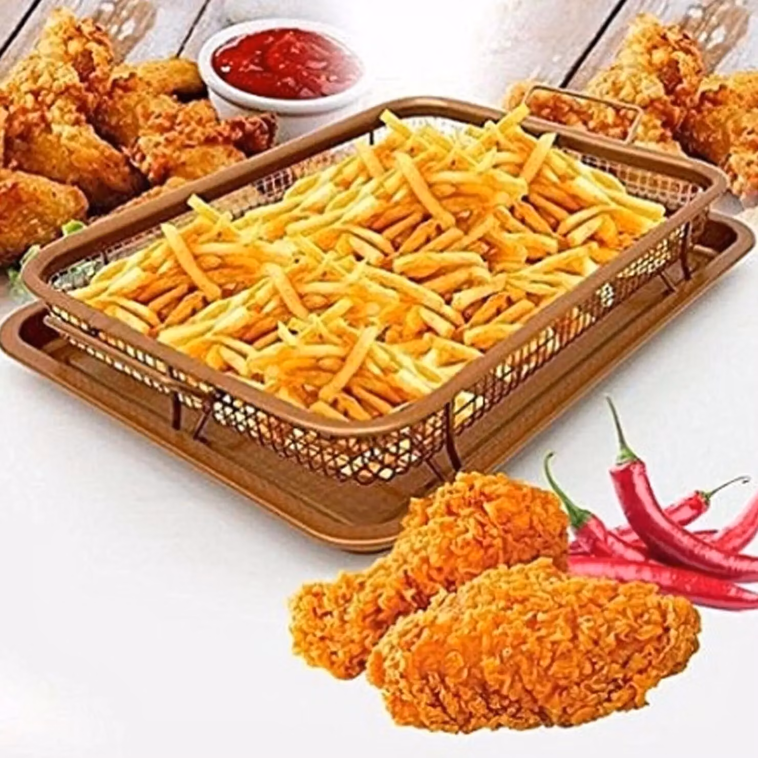 Xample Non-Stick Copper Rectangular Baking Tray and Crisping Mesh Basket – 3