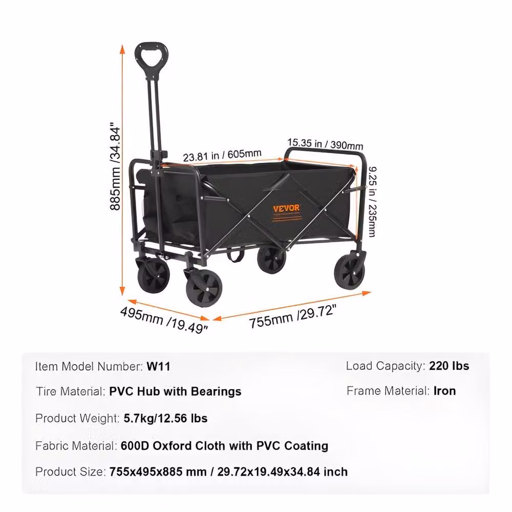 VEVOR Quick-Fold Lightweight Wagon Cart Trolley with All-Terrain Wheels and Adjustable Handle, Black – 7