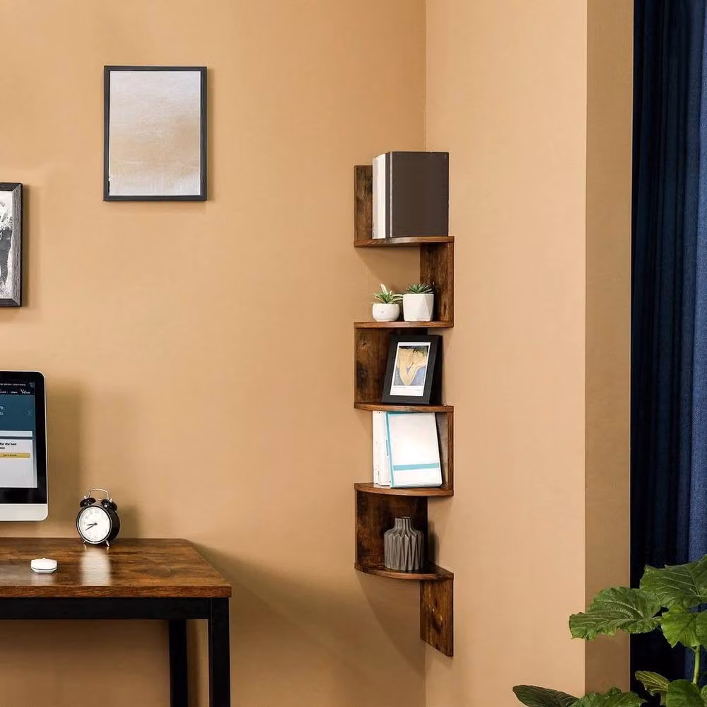 KORVIXA Brown 5-Tier Zigzag Corner Floating Wall Shelf – 3