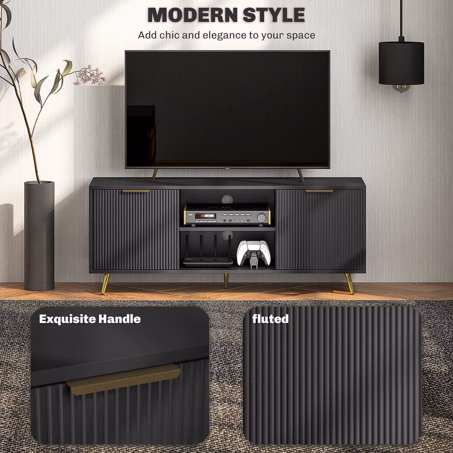 HOMCOM Modern Black TV Stand Cabinet for TVs up to 55 inch with 2 Open Shelves, 2 Cabinets and Cable Management – 4