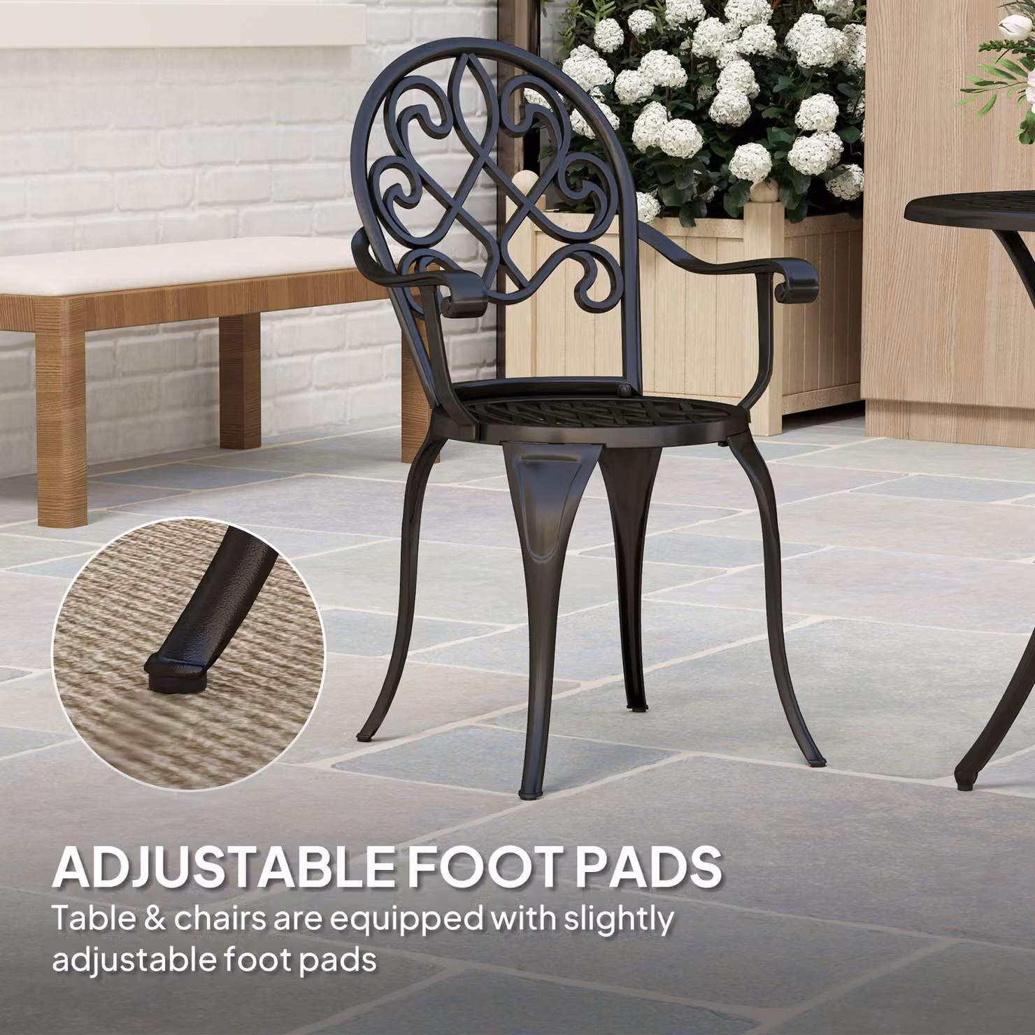 Outsunny 3 Piece Black Powder Coated Aluminium Patio Bistro Set with Round Table and Chairs for Garden, Balcony or Terrace – 7