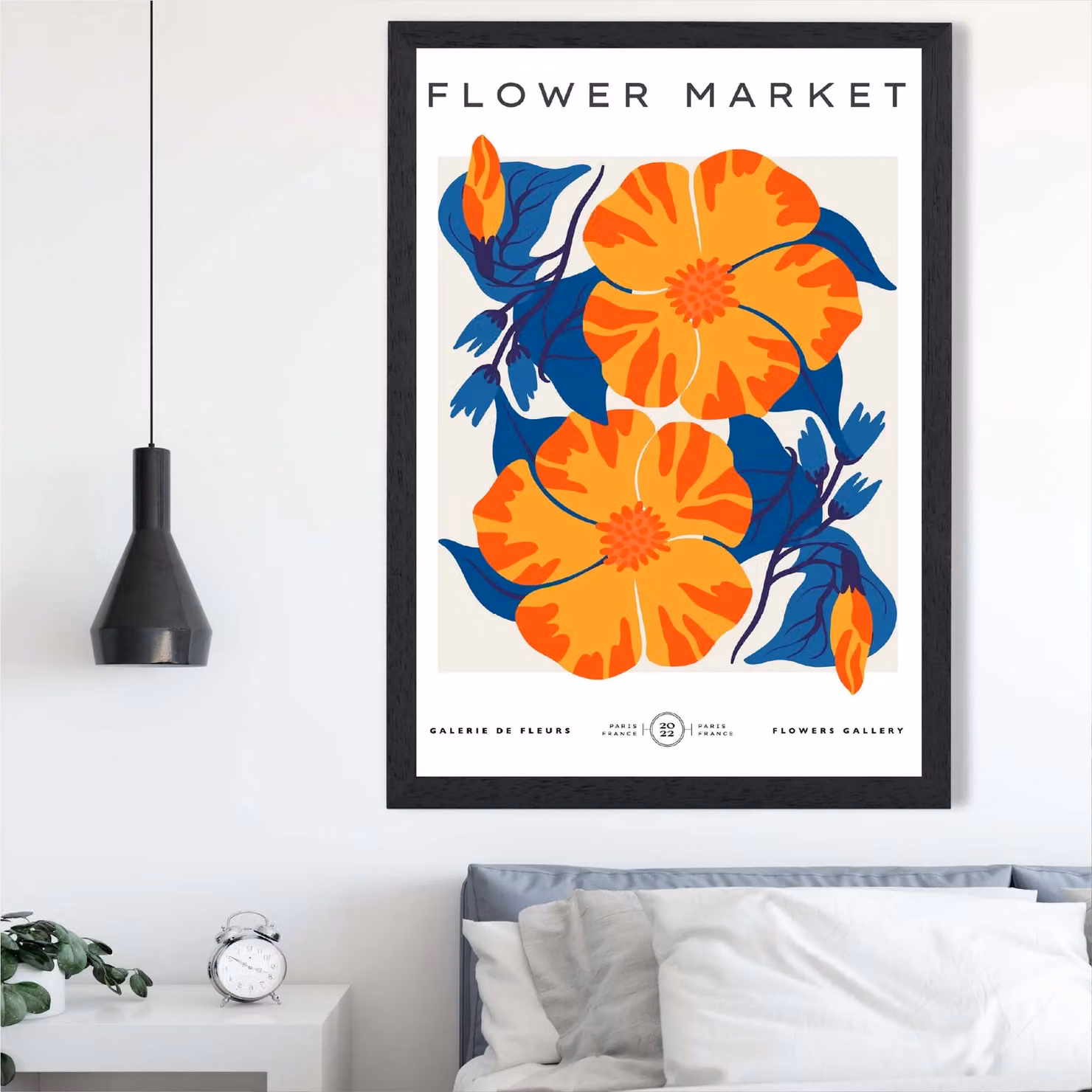 ARTZE Orange and Blue Cosmos Flower Market Exhibition Framed Print, A3, Black Frame – 2