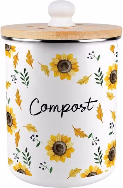 Purely Home Metal Compost Caddy with Flip Lid, Sunflowers Print, Yellow and White, 2L