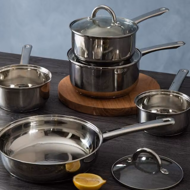 Orsina Crosse 5 Piece Stainless Steel Saucepan and Frying Pan Set with Glass Lids in Silver