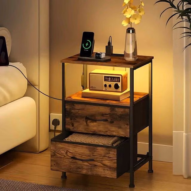 The Bazaarist LED Bedside Table with 2 Drawers and USB Charging Port in Rustic Brown and Ink Black