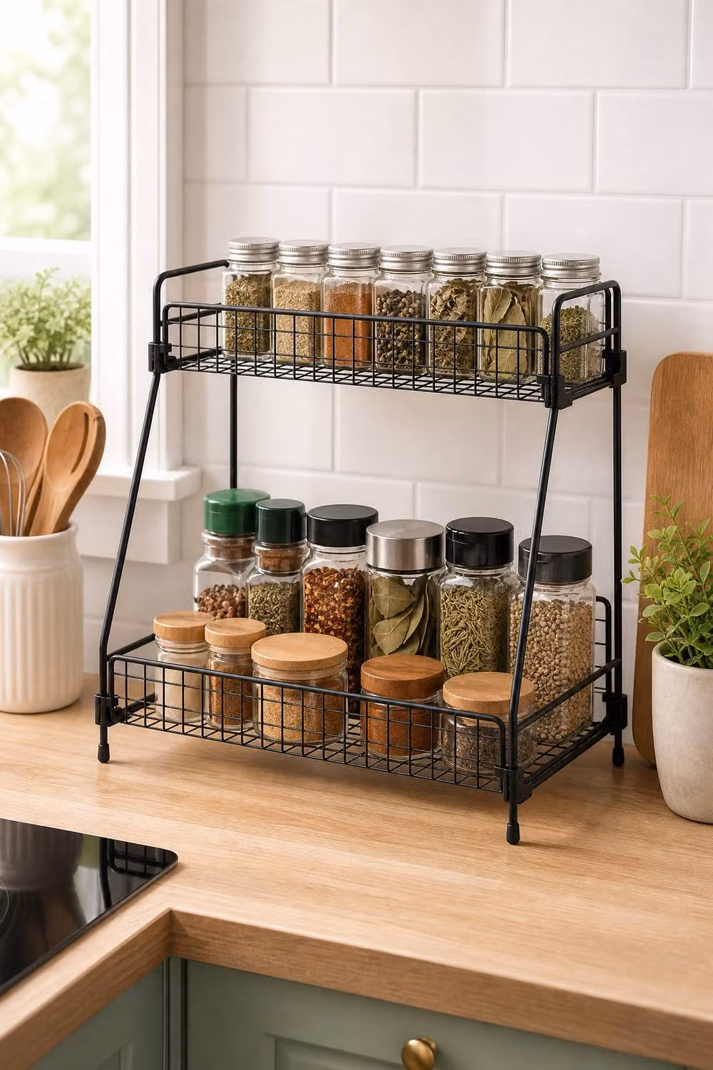 Garden Sanctuary 2-Tier Metal Freestanding Spice Rack Countertop Storage Organiser, Black – 2