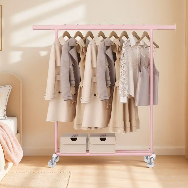 SONGMICS Heavy Duty Metal Clothes Rail on Wheels in Matt Pink