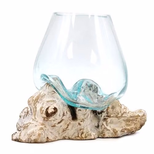 Serenityy Large Round Molten Glass and Whitewashed Wood Decorative Bowl in White and Transparent