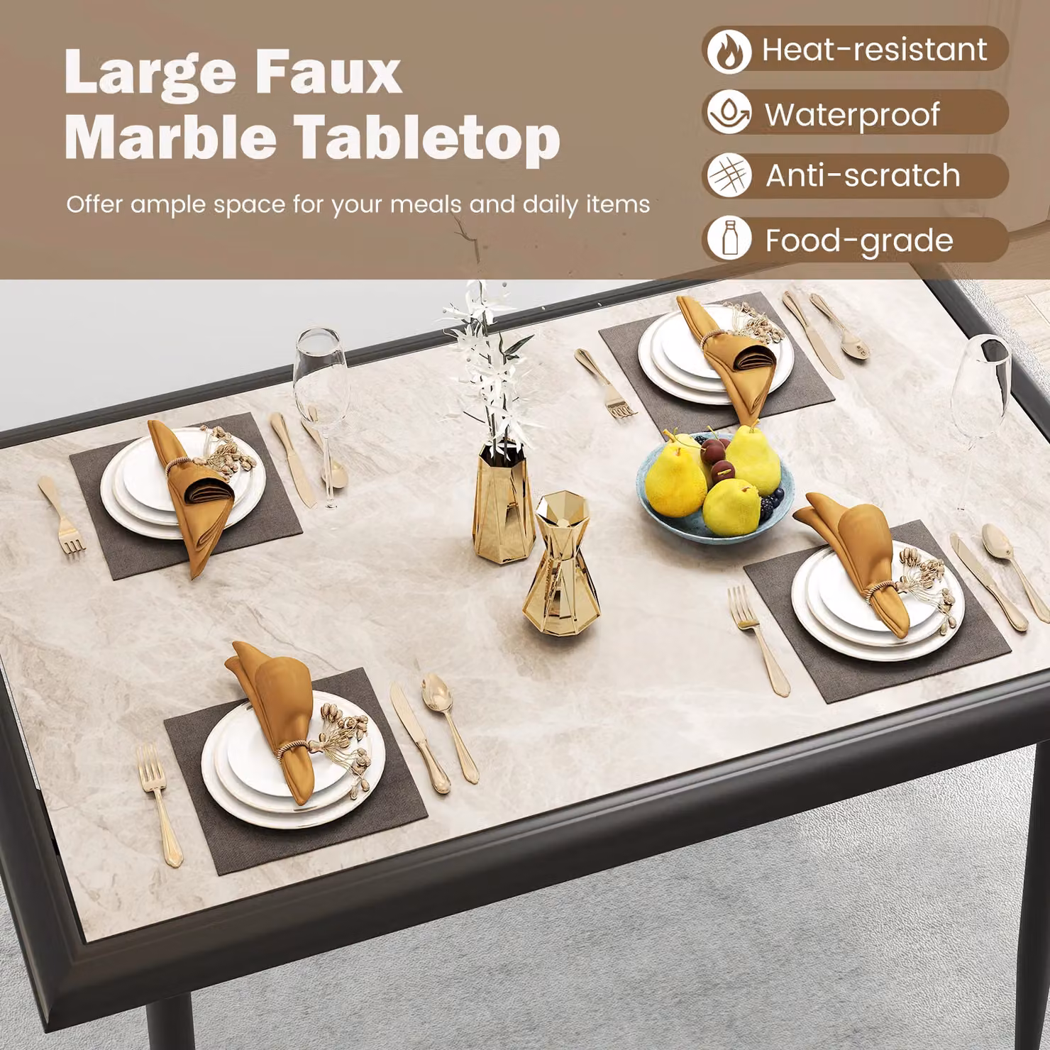 Gymax Modern Rectangular Sintered Stone Dining Table in Grey and Black, W: 110 cm, D: 70 cm, H: 75 cm – 4