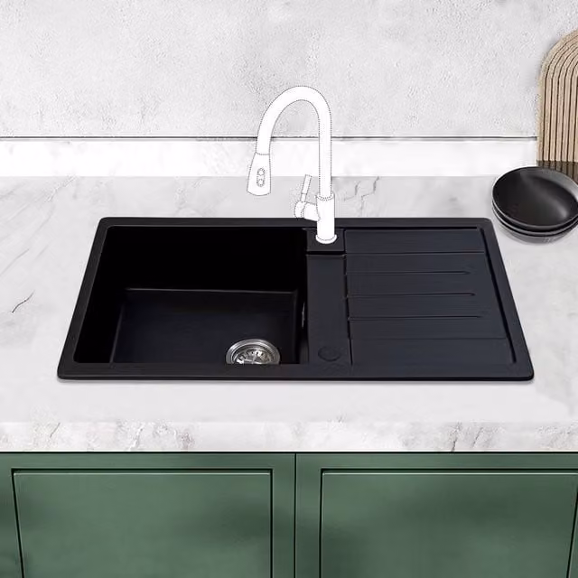 JASSFERRY Black Granite Composite Reversible Kitchen Sink Quartz Bowl – 1