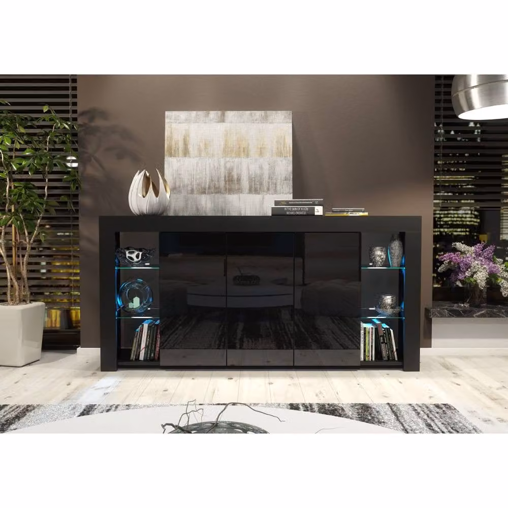 Creative Furniture Eden Sideboard in Black with Glossy Glass Doors and Integrated LED Lighting, W: 164 cm, H: 83 cm, D: 35 cm – 2