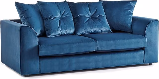Furnishings For Less UK Fernando 3 Seater Sofa in Blue Soft Plush Velvet Fabric with Scatter Cushions and Removable Covers – 1