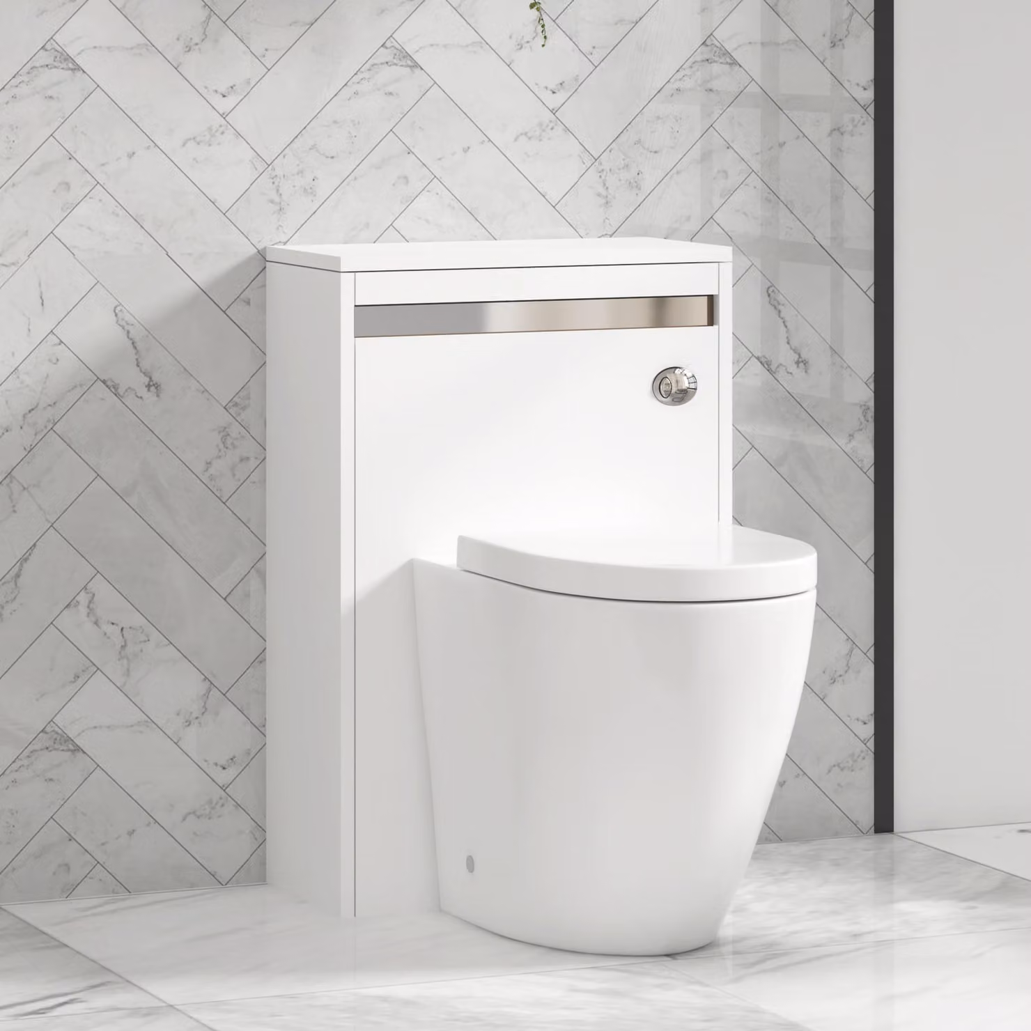 Royal Bathrooms Orion Matt White Back to Wall WC Unit with Elva Rimless Short Projection Ceramic Toilet Pan, Seat and Cistern with Chrome Accent Trim, Width: 54 cm
