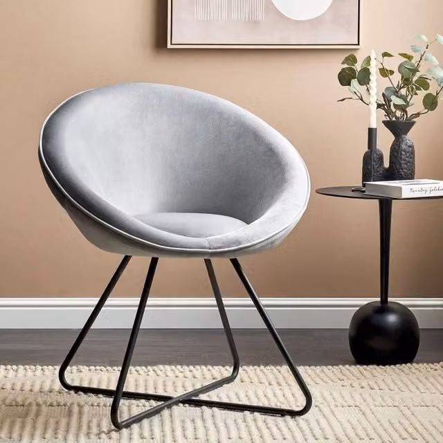 Wyld and Coco Grey Velvet Tub Accent Chair with Lacquered Metal Cross Base – 1