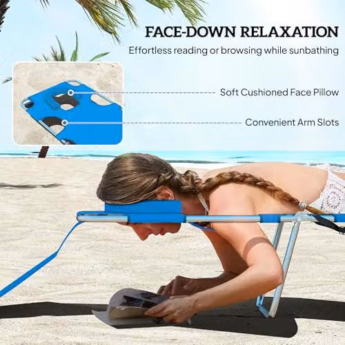 Outsunny Blue Foldable Beach Chaise Lounge with Adjustable Headrest and Textilene Fabric – 3