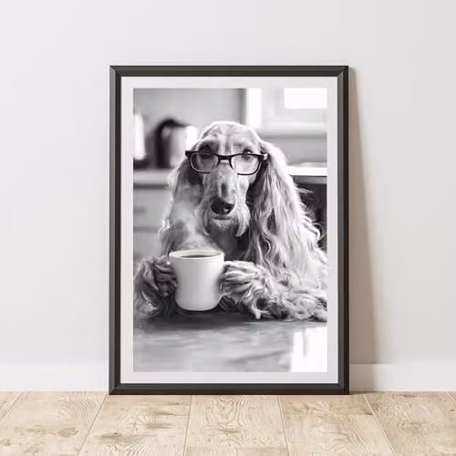 60 Second Makeover Limited Funny Afghan Hound Drinking Coffee Illustration Paper Poster, Multicolour, A4