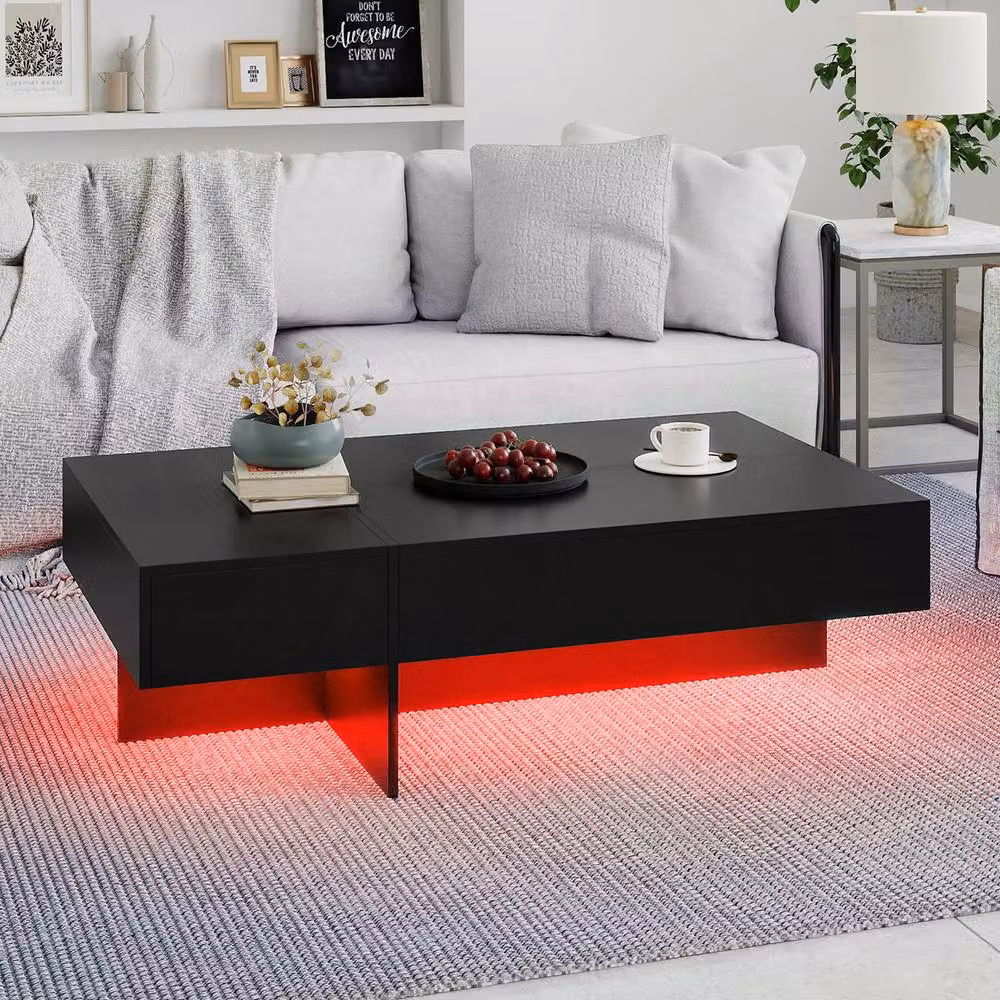 Costway Modern LED Coffee Table with 3 Storage Drawers in Black High-Gloss Finish – 6