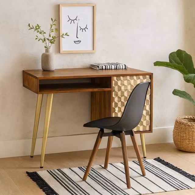 Wyld Haus Beijing Mango Wood Writing Desk with 1 Drawer and 1 Door in Brown and Gold with Geometric Pattern W/D/H: 117 x 58 x 78 cm – 1