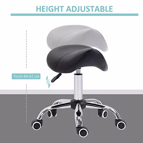 HOMCOM Black Synthetic Leather Saddle Stool with Metal Frame and Castors – 3